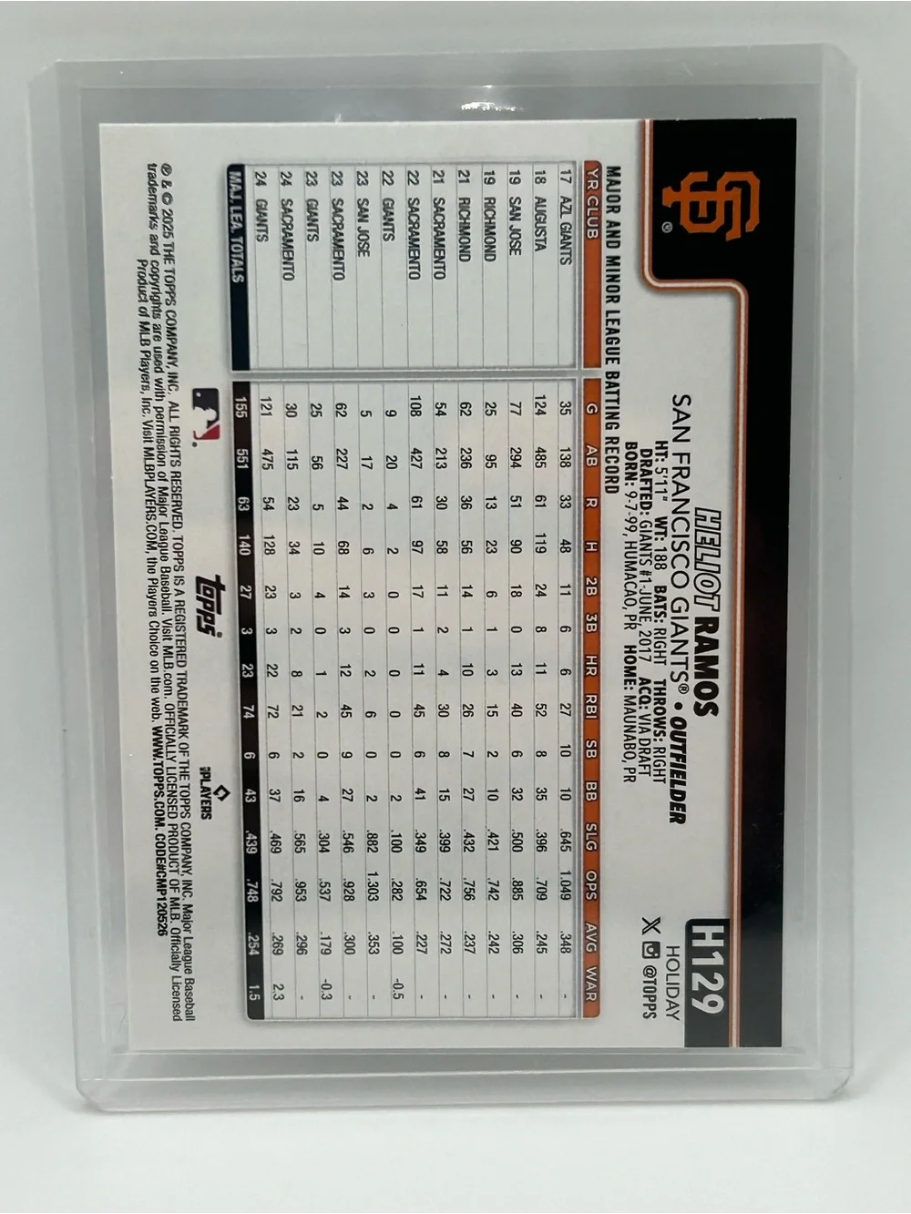 San Francisco Giants Heliot Ramos Topps Baseball Holiday Card - H129 ⚾️